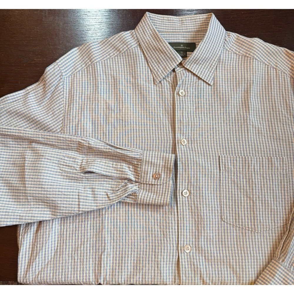 Ermenegildo Zegna White Plaid  Button Down Shirt Long Sleeve Cotton Size XL